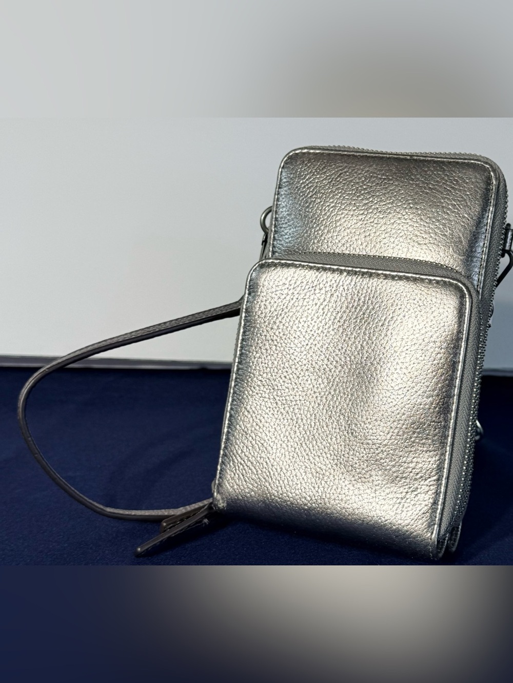 J.Jill Metallic Pewter Leather Crossbody Wallet Purse OS